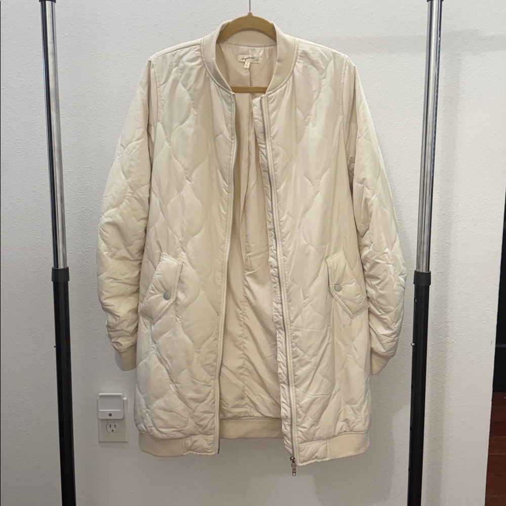 Mystree Ivory Quilted Long Bomber Jacket